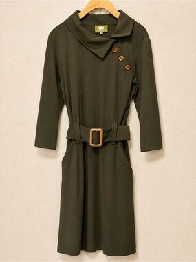 Bergstrom Originals Made in Toronto Olive Belted Midi Dress L Pockets